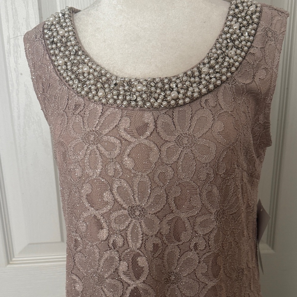 R&M Richards Taupe Lace Dress with Pearl Embellishments 2 pc with jacket